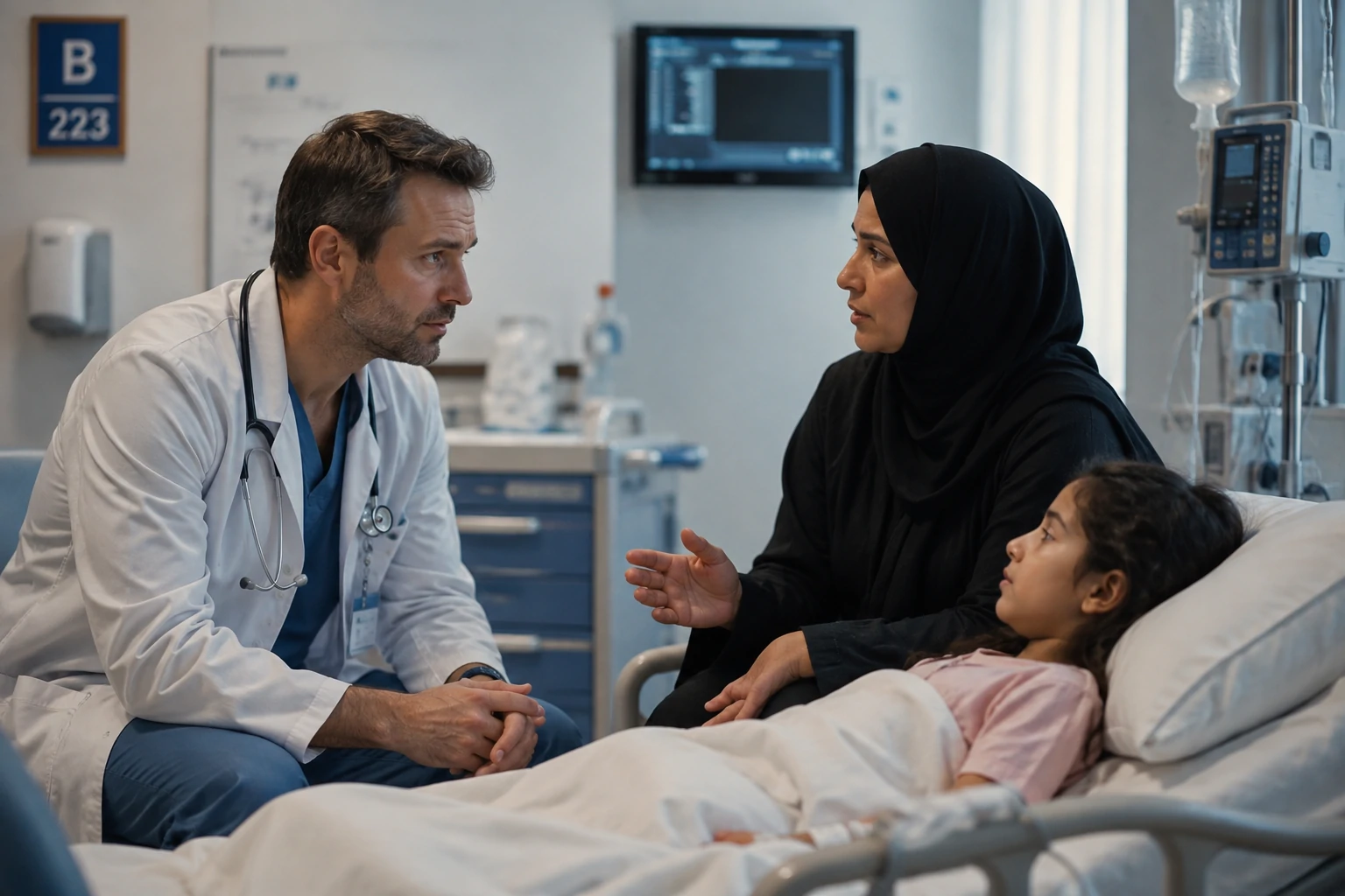 Arab mother beside her daughter's hospital bed during a clinical consultation