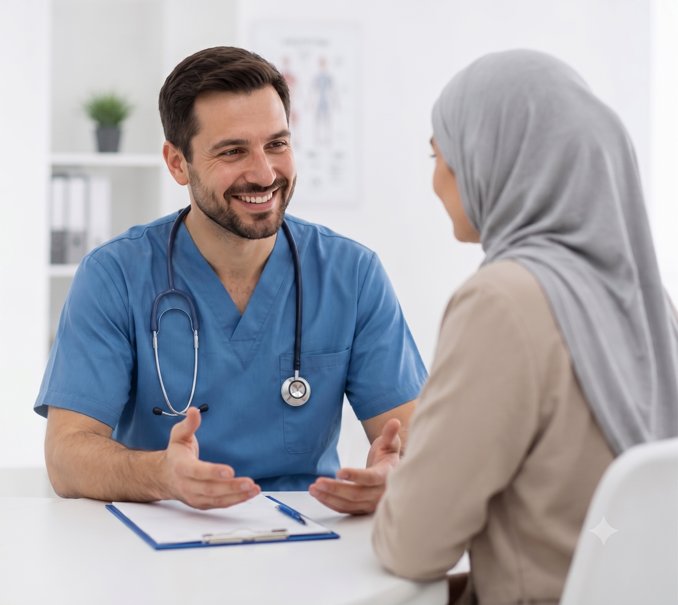 Doctor communicating empathetically with Arab female patient